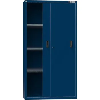 Dílenská skříň, v x š x h: 1950 x 1044 x 405 mm, dveře - dvoukřídlé posuvné, 3 x police 100 kg, barva tmavě modrá RAL5010