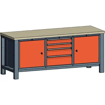 Dílenský stůl Dílenský stůl TECHNO, třímodulový šířka 2000 mm, 4 zásuvky, 2 skříňky, barva antracit RAL7016/oranžová RAL2004.