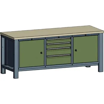 Dílenský stůl Dílenský stůl TECHNO, třímodulový šířka 2000 mm, 4 zásuvky, 2 skříňky, barva antracit RAL7016/zelená RAL6011.