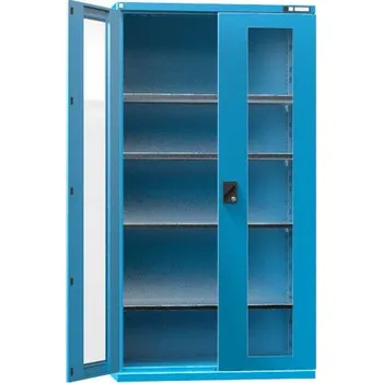 Dílenská skříň, v x š x h: 1950 x 1044 x 655 mm, dveře - dvoukřídlé prosklené, 4x police 100 kg, barva modrá RAL5012
