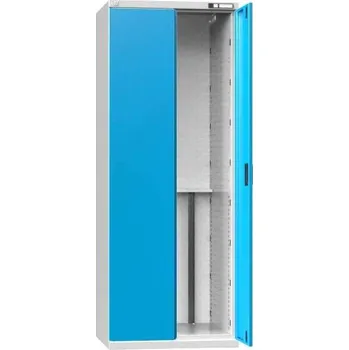 Skříň na CNC nástroje, d x v: 738x1950 mm, křídlové dveře, korpus šedý RAL7035/dveře modré RAL5012