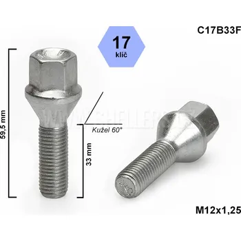 Šroubek na kolo Kolový šroub M12x1,25x33 kužel, klíč 17, C17B33F, výška 59,5 mm
