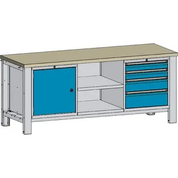 Dílenský stůl Dílenský stůl TECHNO, třímodulový šířka 2000 mm, 4 zásuvky, skříňka, barva šedá RAL7035/modrá RAL5012.
