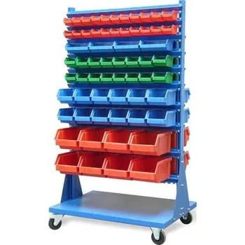 Dílenský regál Regál se zásobníky TechBox, šedá konstrukce, š x v: 940x1540 mm, dvoustranný mobilní, počet boxů: 124 ks.