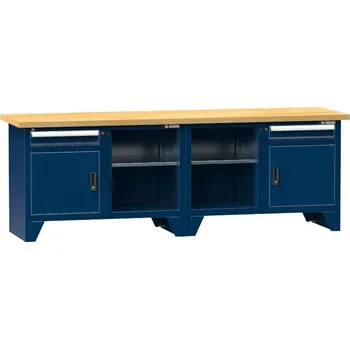 Dílenský stůl Dílenský modulární stůl, deska - multiplex, 2500 x 700 mm, 2 x zásuvka, 2 x skříňka, barva tmavě modrá RAL5010