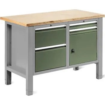 Dílenský stůl Dílenský stůl TECHNO Light, šířka 1245 mm, 4 zásuvky, 1 skříňka, barva šedá RAL7035/zelená RAL6011.