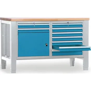 Dílenský stůl Dílenský stůl TECHNO, dvoumodulový šířka 1400 mm, 9 zásuvek, skříňka, barva šedá RAL7035/modrá RAL5012.