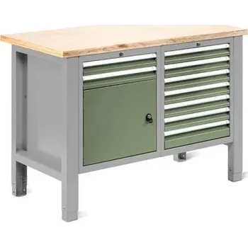 Dílenský stůl Dílenský stůl TECHNO Light, šířka 1245 mm, 9 zásuvek, 1 skříňka, barva šedá RAL7035/zelená RAL6011.