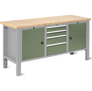 Dílenský stůl Dílenský stůl TECHNO Light, šířka 1765 mm, 4 zásuvky, 2 skříňky, barva šedá RAL7035/zelená RAL6011.