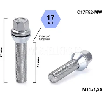 Šroubek na kolo Kolový šroub M14x1,25x52 kužel pohyblivý, klíč 17, C17F52-MW, výška 79 mm