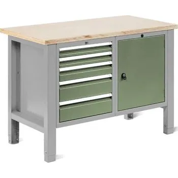 Dílenský stůl Dílenský stůl TECHNO Light, šířka 1245 mm, 5 zásuvek, 1 skříňka, barva šedá RAL7035/zelená RAL6011.