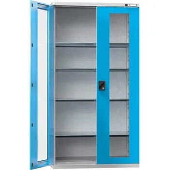 Dílenská skříň, v x š x h: 1950 x 1044 x 655 mm, dveře - dvoukřídlé prosklené, 4x police 100 kg, barva šedá RAL7035/modrá RAL5012