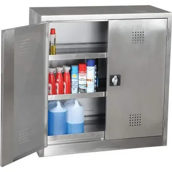 Chemická skříň z nerezu, 1 podlahová a 2 policové záchytné vany, v x š x h: 1040x1000x435 mm