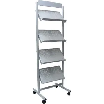 Regál na prospekty, pojízdný, počet polic 4, stříbrný lak, šířka x výška 640 x 1750 mm.