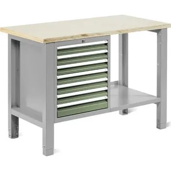 Dílenský stůl Dílenský stůl TECHNO Light, šířka 1245 mm, 7 zásuvek, barva šedá RAL7035/zelená RAL6011.