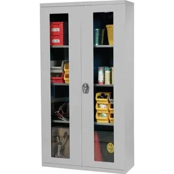 Dílenská skříň, v x š x h: 1950 x 1044 x 405 mm, dveře - dvoukřídlé prosklené, 3 x police 100 kg, barva šedá RAL7035