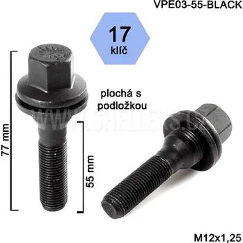 Šroubek na kolo Kolový šroub M12x1,25x55, VPE03-55-BLACK, plochá podložka, CITROËN, FIAT, PEUGEOT, černý, klíč 17, výška 77 mm