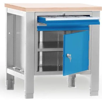 Dílenský stůl Dílenský stůl TECHNO, jednomodulový šířka 800 mm, 2 zásuvky, skříňka, barva šedá RAL7035/modrá RAL5012.