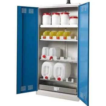 Skříň pro chemikálie, se 3 výsuvy na kanystry + spodní záchytná vana, š x h x v: 950x550x1950 mm, dveře modré RAL5012