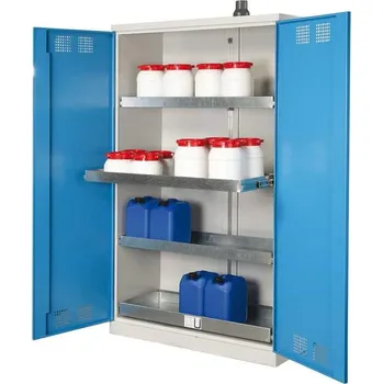 Skříň pro chemikálie, 3 výsuvné vanové police + spodní záchytná vana, š x h x v: 950x500x1950 mm, dveře modré RAL5012