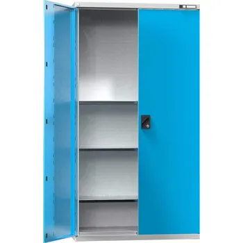 Dílenská skříň, v x š x h: 1950 x 1044 x 405 mm, dveře - dvoukřídlé plné, 3 x police 100 kg, barva šedá RAL7035/modrá RAL5012
