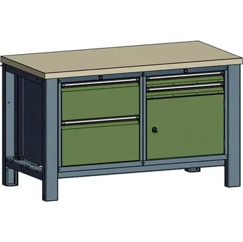 Dílenský stůl Dílenský stůl TECHNO, dvoumodulový šířka 1400 mm, 4 zásuvky, skříňka, barva antracit RAL7016/zelená RAL6011.