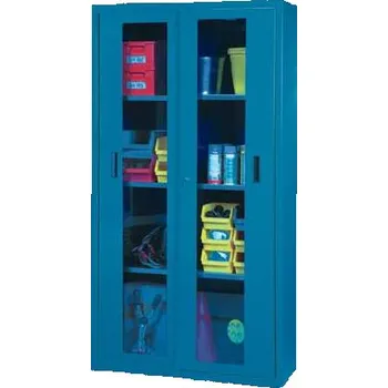 Dílenská skříň, v x š x h: 1950 x 1044 x 405 mm, dveře - dvoukřídlé posuvné prosklené, 3 x police 100 kg, barva tmavě modrá RAL5010