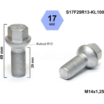 Šroubek na kolo Kolový šroub M14x1,25x29 kulový R13, klíč 17, S17F29R13-KL100, výška 49