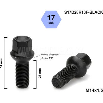 Šroubek na kolo Kolový šroub M14x1,5x28 kulový R13, klíč 17, S17D28R13F-BLACK, černý, výška 51 mm