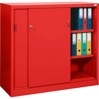 Kovová skříň s posuvnými dveřmi, v x š x h: 1040 x 1400 x 435 mm, barva červená RAL3020 / červená RAL3020