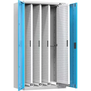 Skříň vertikální, 4 výsuvné perfopanely, v x š x h: 1950x1044x655 mm, korpus šedý RAL7035/ dvířka modrá RAL5012