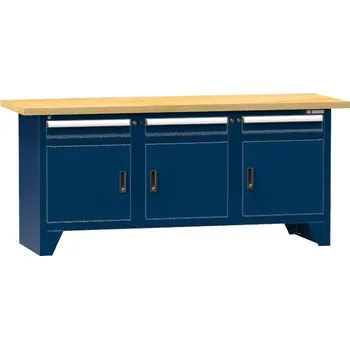 Dílenský stůl Dílenský modulární stůl, deska - buková spárovka, 2000 x 700 mm, 3 x zásuvka, 3 x skříňka, barva tmavě modrá RAL5010