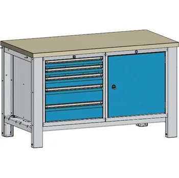 Dílenský stůl Dílenský stůl TECHNO, dvoumodulový šířka 1400 mm, 5 zásuvek, skříňka, barva šedá RAL7035/modrá RAL5012.