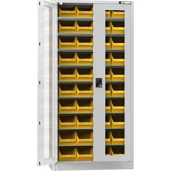 Zásobníková skříň, prosklené dveře, 1950 x 950 x 400 mm, 9 x police, 40 x zásobník 200 x 350 x 150 mm, barva šedá RAL7035