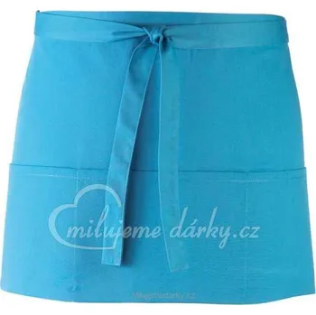 Kuchyňská zástěra tyrkysově modrá krátká kuchyňská / barmanská bavlněná zástěra do pasu s kapsami