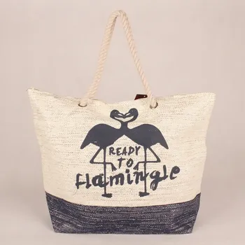 Kabelka Velká béžovo-modrá plážová taška s plameňáky