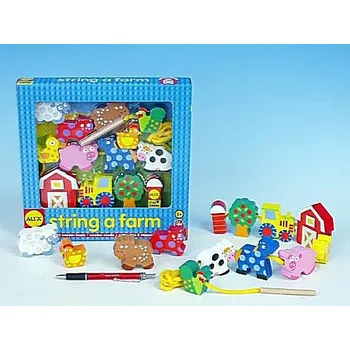 Dřevěná hračka Provlékačka Farma zvířátka dřevěná 14 ks