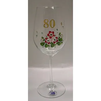 Sklenice Jubilejní číše se Swarovski kaminky VINO vyročka skleněná, malovaná, zlacená na noze s číslem 80 5 s