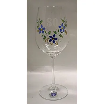 Jubilejní číše Bílé číslo Modrý květ se Swarovski kaminky VINO vyročka skleněná číslo 80 ss1
