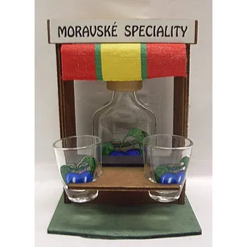 Dřevěná hračka Dřevěný Pouťový stánek Moravské speciality s lahví a 2 odlivkami na slivovici