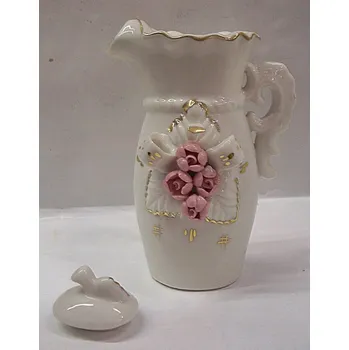 Konvice na čaj Konvička bílá zlacená růžový květ porcelánová miniatura