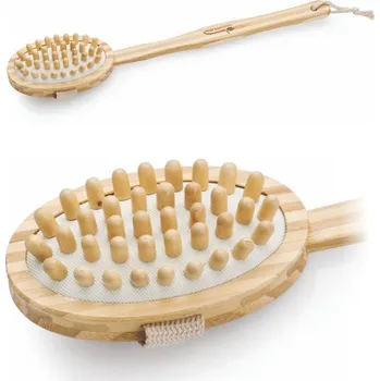 Spa beauty Masážní kartáč dřevěný dlouhá rukojeť, kulaté masážní trny, proti celulitidě
