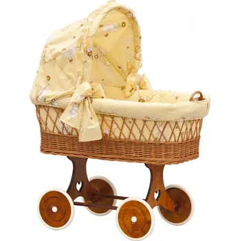 Kočárek Proutěný koš pro dítě jako kočárek s koly a boudou komplet žlutý