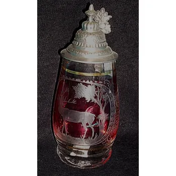 Sklenice Korbel ručně broušený česká výroba skleněný červený listr s vybroušeným obrázkem jelena LT 289