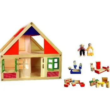 Domeček pro panenku Dřevěný dům pro panenky s vybavením nábytkem a figurkami