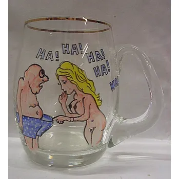 Sklenice Půllitr s uchem skleněný Muž a Žena - žertovný nápis " HA -HA - HA !!!"