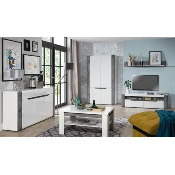 Obývací stěna Obývací sestava Brando - bílá / beton / bílý lesk