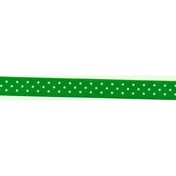 Stuha Saténová stuha s tiskem 15mm trávová zeleň s puntíkem
