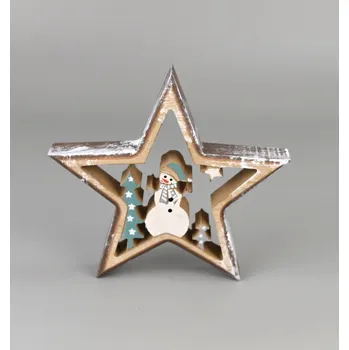 Vánoční dekorace Hvězda dřevěná se sněhulákem 15 cm