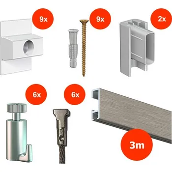 Rám na obraz Artiteq Nástěnný set na obrázky - Click Rail 3m, hliníkový + 6x ocelové lanko včetně háčků